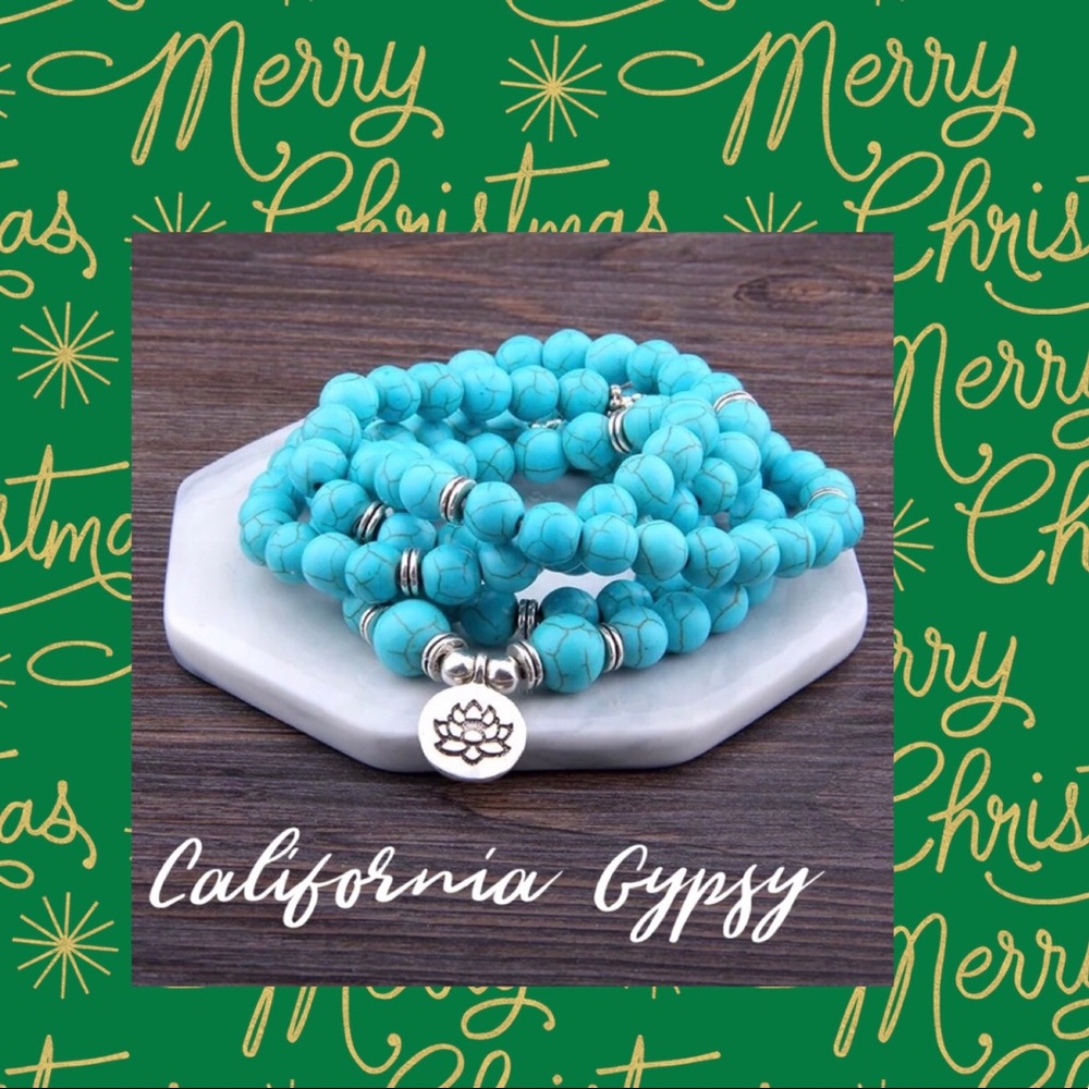 Mala Turquoise Howlite lotus bracelet necklace - Picture 2 of 5